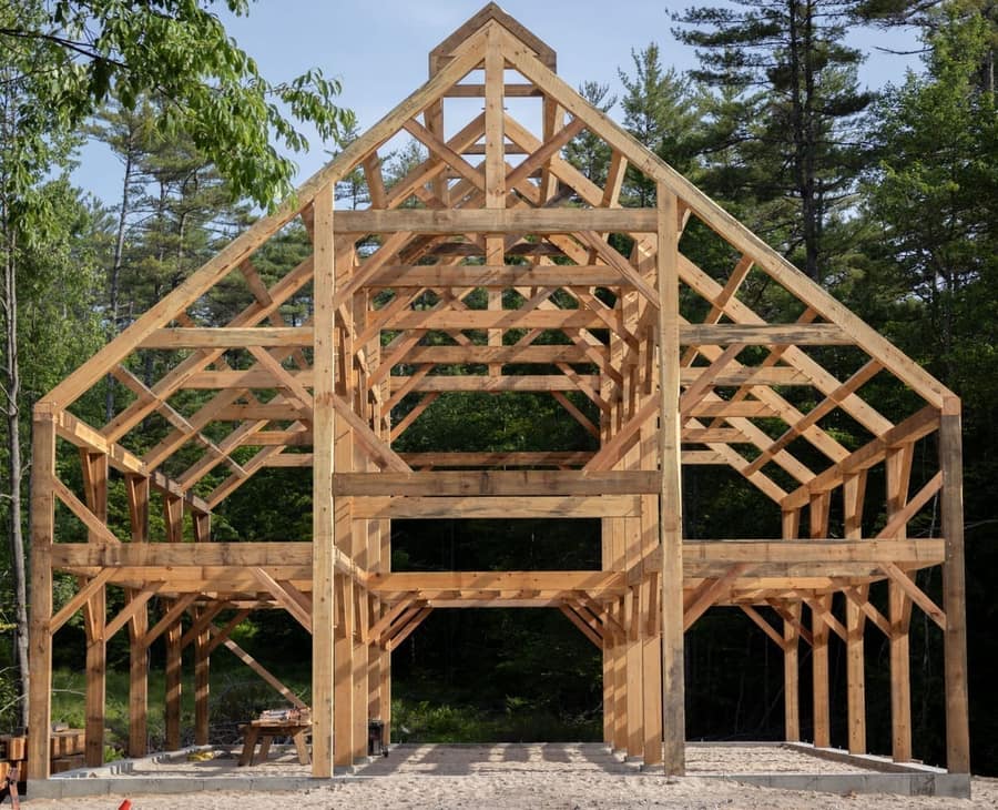 Traditional timber frame barn with purlins